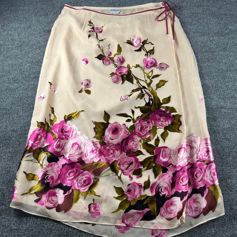 J. Marco Silk Blend Floral Rose Midi Wrap Skirt Cream Pink Purple XL